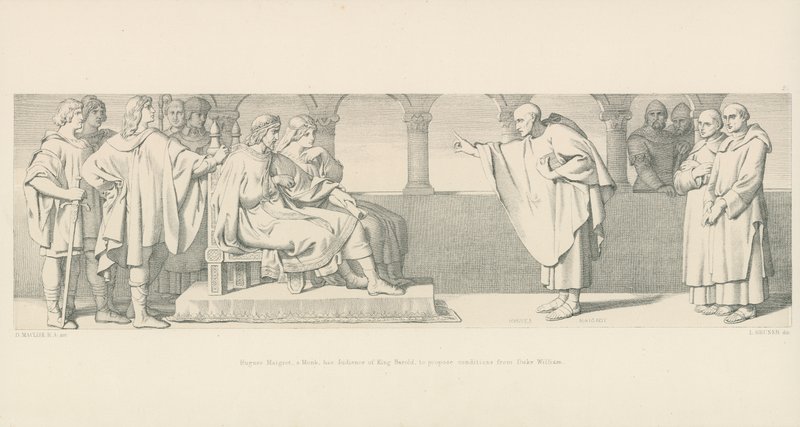 Hugues Maigrot, een monnik, heeft audiëntie bij koning Harold om voorwaarden van hertog Willem voor te stellen door Daniel Maclise
