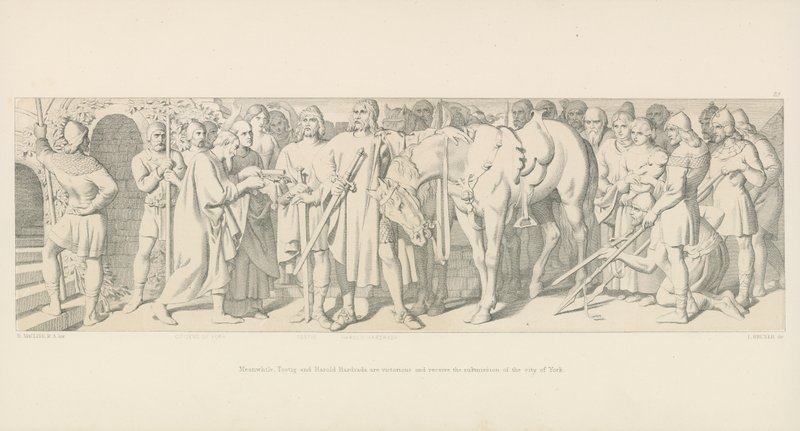 Ondertussen zijn Tostig en Harold Hardrada zegevierend en ontvangen de overgave van de stad York door Daniel Maclise