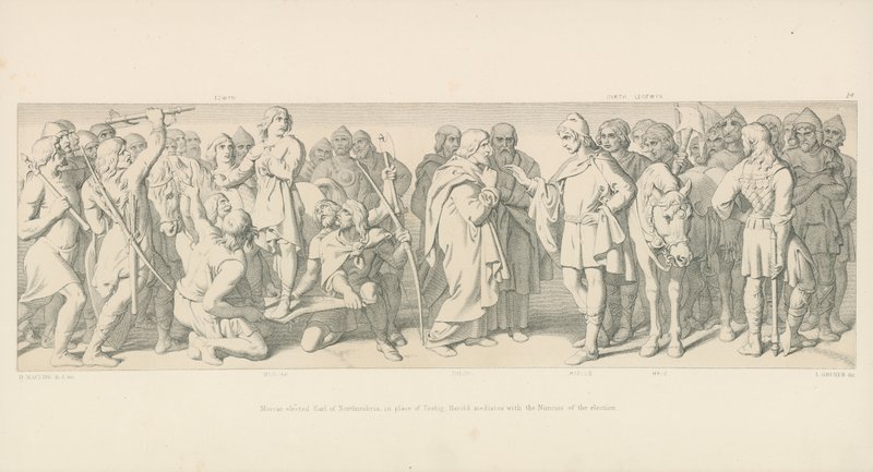 Morcar, gekozen tot graaf van Northumbria, in plaats van Tostig, Harold bemiddelt met de Nuneios van de verkiezing door Daniel Maclise