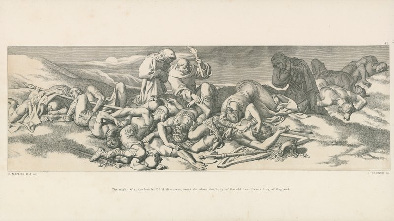 De nacht na de slag; Edith ontdekt, te midden van de gesneuvelden, het lichaam van Harold, laatste Saksische koning van Engeland door Daniel Maclise