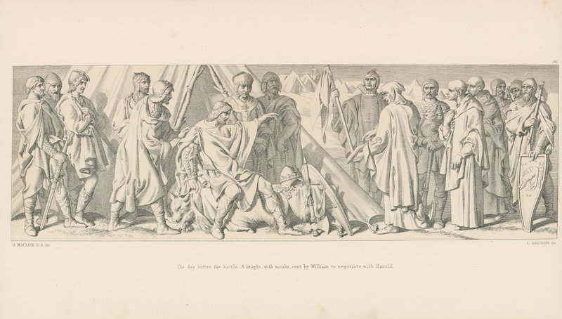 De dag voor de slag. Een ridder, met monniken, gestuurd door Willem om te onderhandelen met Harold door Daniel Maclise