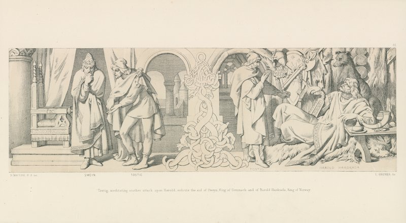 Tostig, overwegend een nieuwe aanval op Harold, vraagt de hulp van Sweyn, koning van Denemarken en van Harold Hardrada, koning van Noorwegen door Daniel Maclise