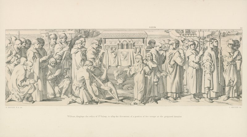 William toont de relieken van St. Valery om de ontevredenheid van een deel van zijn troepen over de voorgestelde invasie te sussen door Daniel Maclise