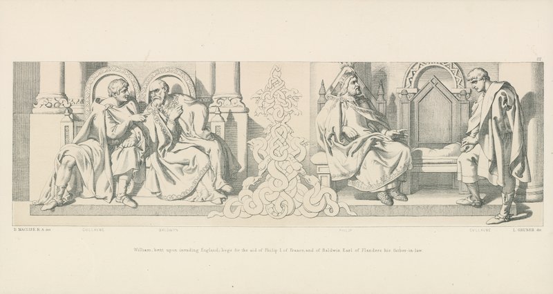 Willem, vastbesloten om Engeland binnen te vallen; vraagt om de hulp van Filips I van Frankrijk en van Baldwin Graaf van Vlaanderen zijn schoonvader door Daniel Maclise