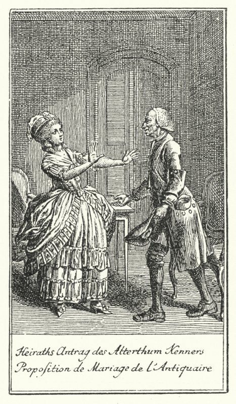 Huwelijksaanzoek van de Antiquair (gravure) door Daniel Nikolaus (after) Chodowiecki