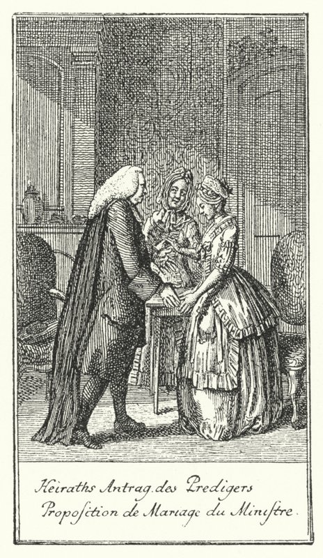 Huwelijksaanzoek van de Geestelijke (gravure) door Daniel Nikolaus (after) Chodowiecki