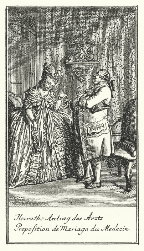 Huwelijksaanzoek van de dokter (gravure) door Daniel Nikolaus (after) Chodowiecki