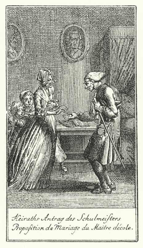 Huwelijksaanzoek van de schoolmeester (gravure) door Daniel Nikolaus (after) Chodowiecki