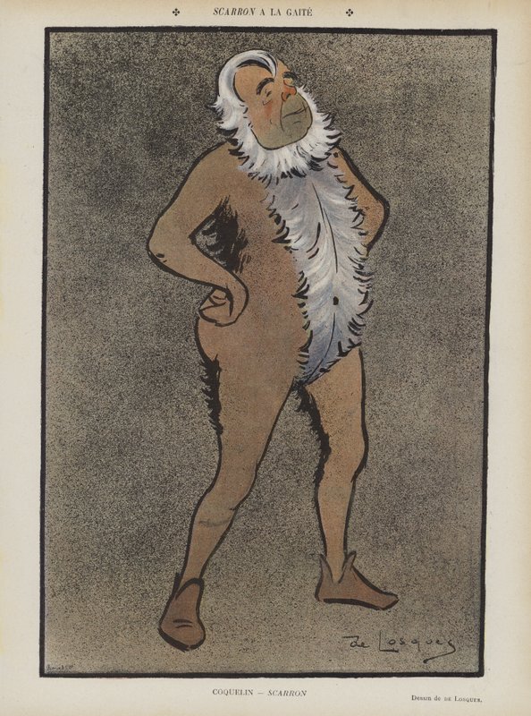 Franse acteur Benoit-Constant Coquelin in Scarron in het Théâtre de la Gaîté. Illustratie voor Le Rire door Daniel de Losques