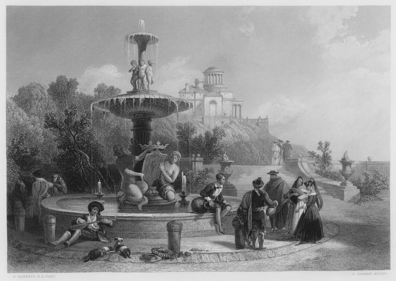 De fontein in Madrid (gravure) door David (after) Roberts