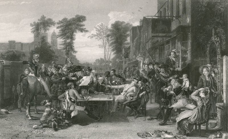Chelsea-pensionarissen lezen de gazette van de Slag bij Waterloo door David (after) Wilkie