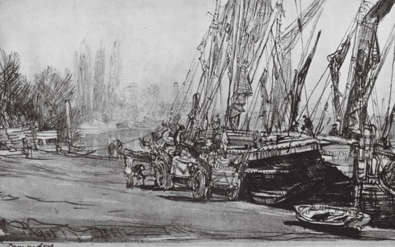 Londen: Chiswick, Low Tide (litho) door David Muirhead (after) Bone