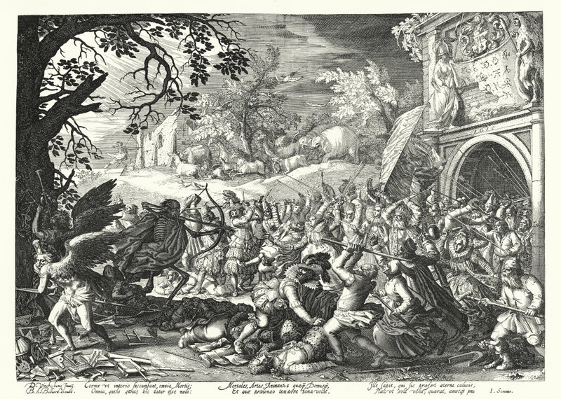 De strijd van mensen en dieren tegen de dood en de tijd (gravure) door David Vinckboons