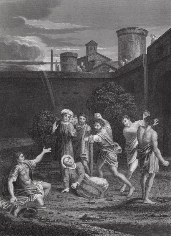 De steniging van St. Stefanus, Handelingen, Hoofdstuk VII, verzen 54-60 door Domenichino (1581 1641) (after)
