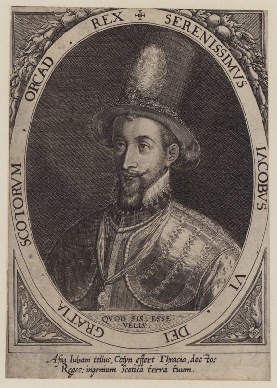 Koning James VI van Schotland (gravure) door Dominicus or Custodis Custos