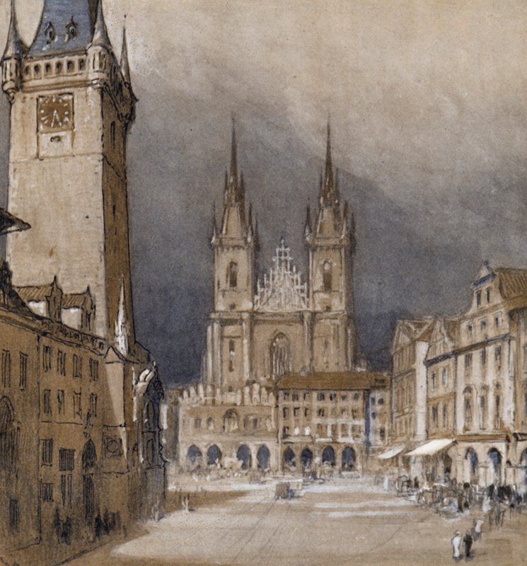 Praag en zijn Stadhuis (kleur litho) door Donald (after) Maxwell