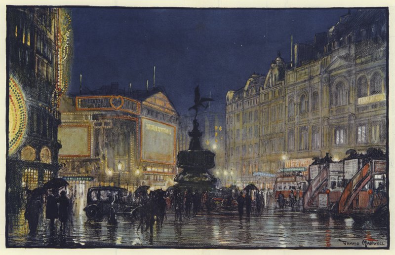 Het Hart van het Rijk, Een Impressie van Piccadilly Circus bij Schemering door Donald Maxwell