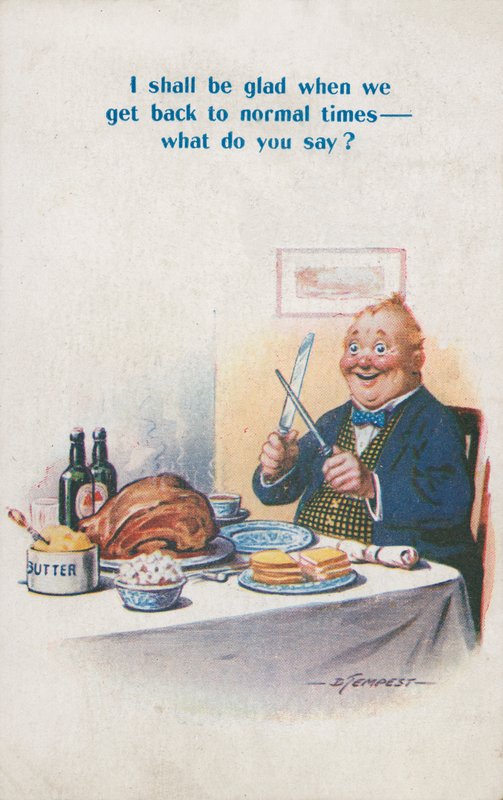 Het einde van de rantsoenering inbeelden (kleurenlitho) door Douglas Tempest