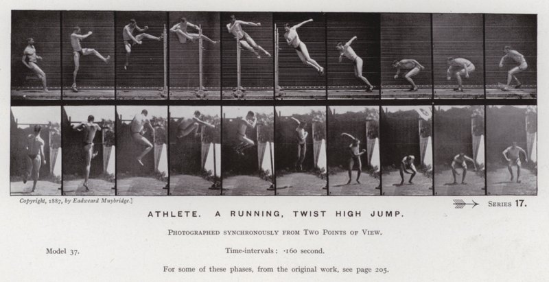 De menselijke figuur in beweging: Atleet, een rennende, draaiende hoge sprong door Eadweard Muybridge