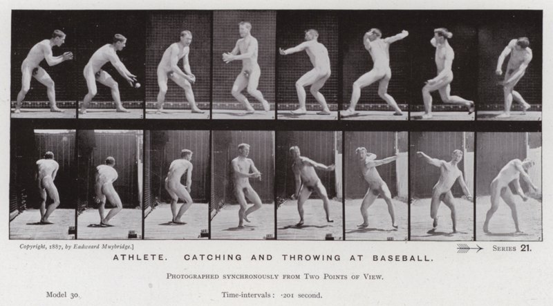 De menselijke figuur in beweging: Atleet, vangen en gooien bij honkbal door Eadweard Muybridge