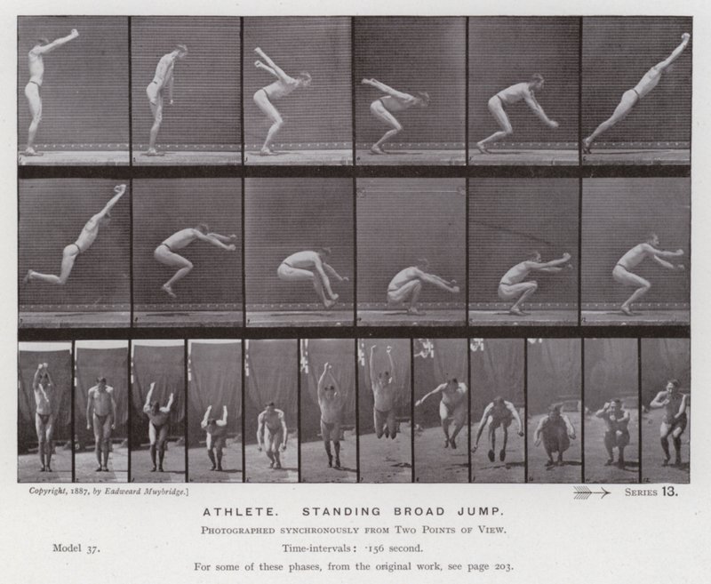 Het menselijk lichaam in beweging: Atleet, staande breedtesprong (zwart-wit foto) door Eadweard Muybridge
