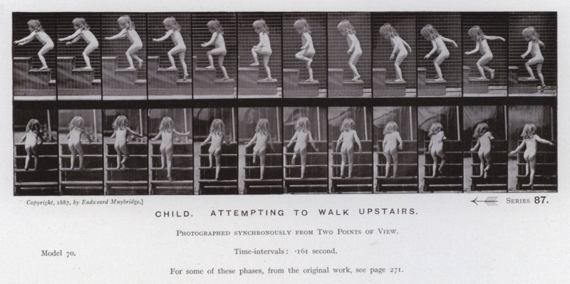 Het menselijk lichaam in beweging: Kind, probeert een trap op te lopen (zwart-wit foto) door Eadweard Muybridge