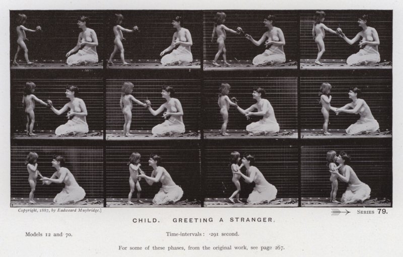 De menselijke figuur in beweging: Kind, een vreemdeling begroeten door Eadweard Muybridge