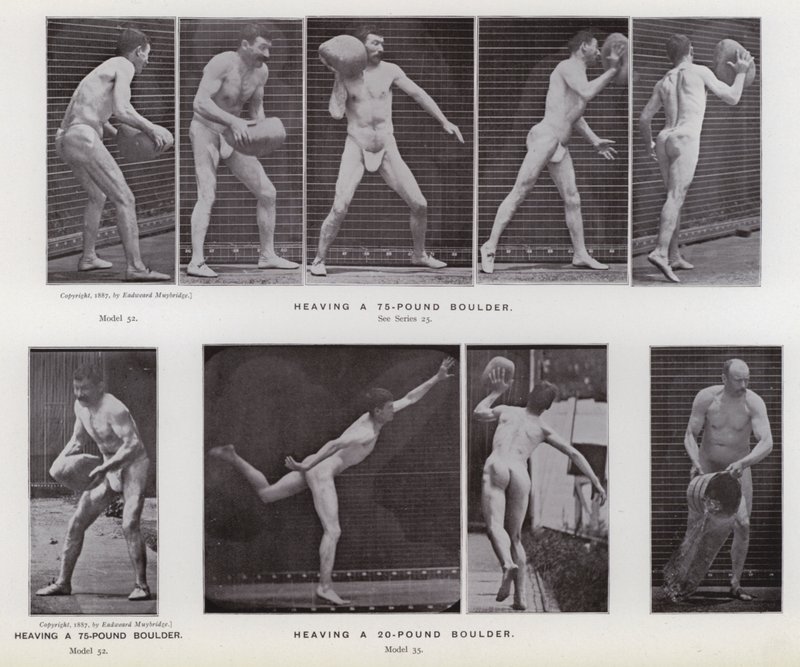 De menselijke figuur in beweging: Het heffen van een steen van 75 pond; Het heffen van een steen van 20 pond door Eadweard Muybridge