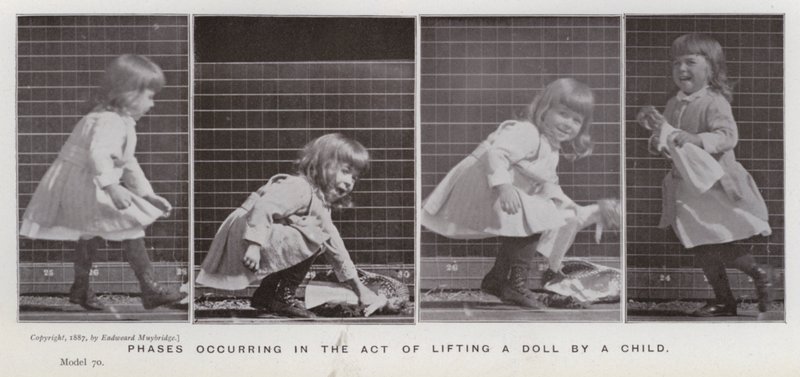 De menselijke figuur in beweging: Fasen bij het optillen van een pop door een kind door Eadweard Muybridge