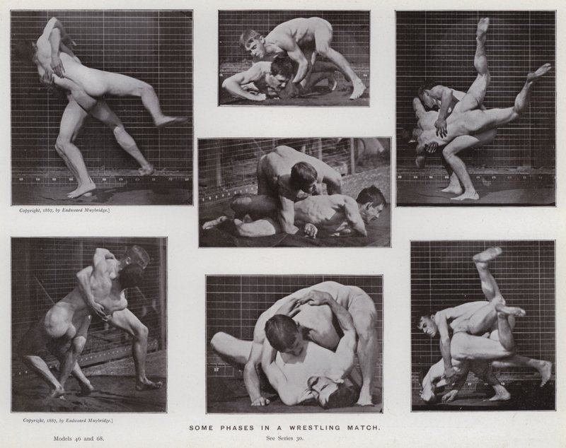 De menselijke figuur in beweging: Enkele fasen in een worstelwedstrijd door Eadweard Muybridge
