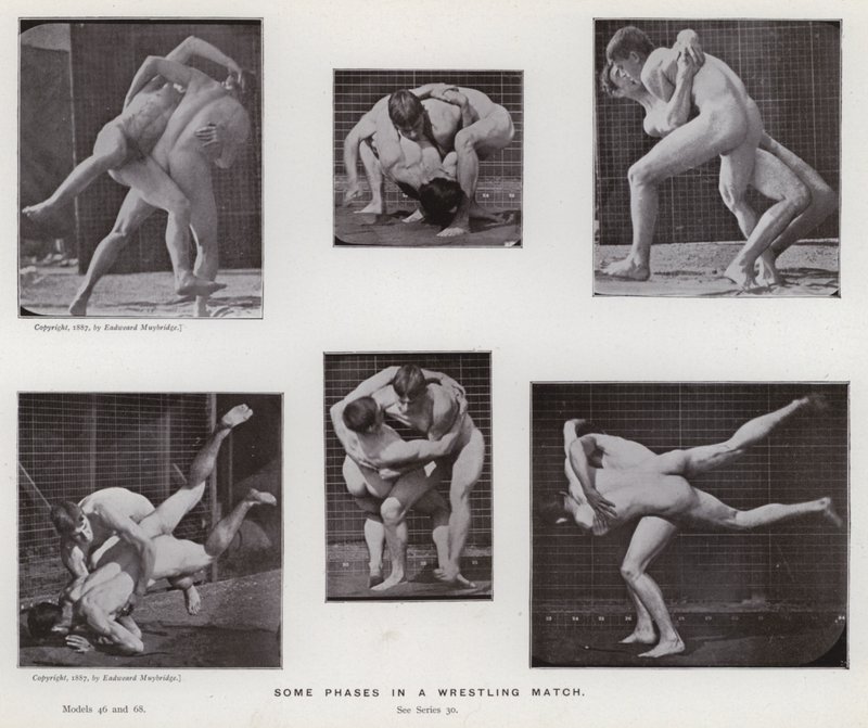 Het menselijk lichaam in beweging: Enkele fasen in een worstelwedstrijd door Eadweard Muybridge