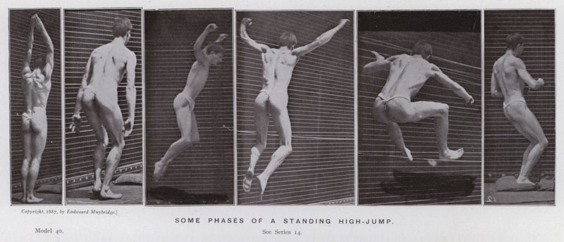 De menselijke figuur in beweging: Enkele fasen van een staande hoogsprong door Eadweard Muybridge