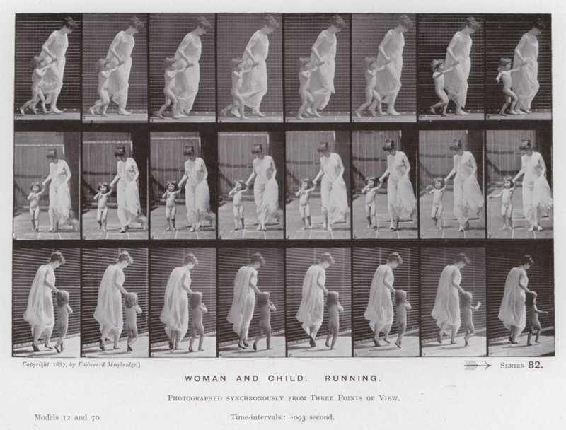 Het Menselijk Lichaam in Beweging: Vrouw en kind, Rennend door Eadweard Muybridge