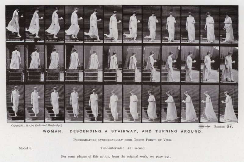 De menselijke figuur in beweging: Vrouw, trap aflopen en draaien door Eadweard Muybridge