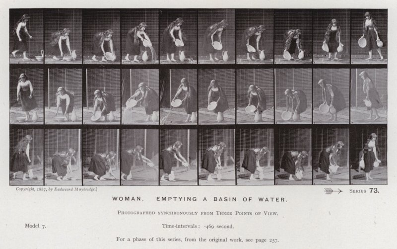 De menselijke figuur in beweging: Vrouw, een kom water legen door Eadweard Muybridge