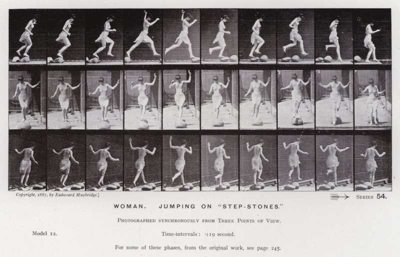 De menselijke figuur in beweging: Vrouw, springen op "stapstenen" door Eadweard Muybridge