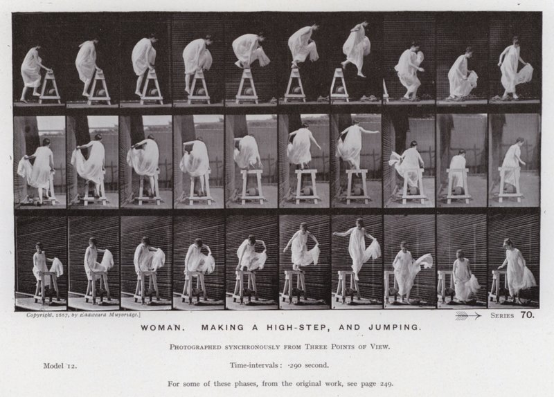 De menselijke figuur in beweging: Vrouw, een hoge stap maken en springen door Eadweard Muybridge