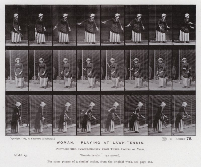 De menselijke figuur in beweging: Vrouw, spelen bij lawn-tennis door Eadweard Muybridge