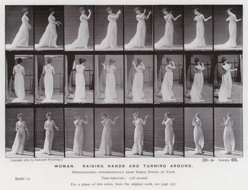 De menselijke figuur in beweging: Vrouw, handen omhoog en ronddraaien door Eadweard Muybridge
