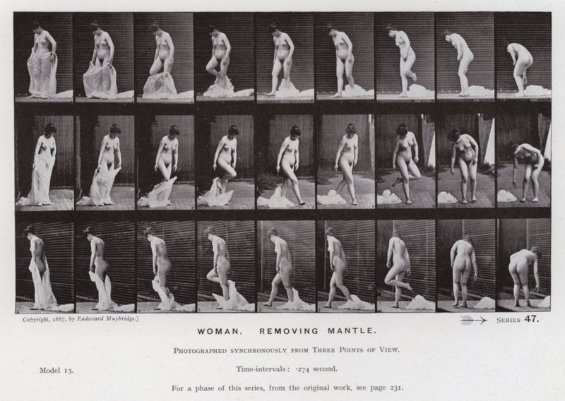 De menselijke figuur in beweging: Vrouw, mantel verwijderen door Eadweard Muybridge