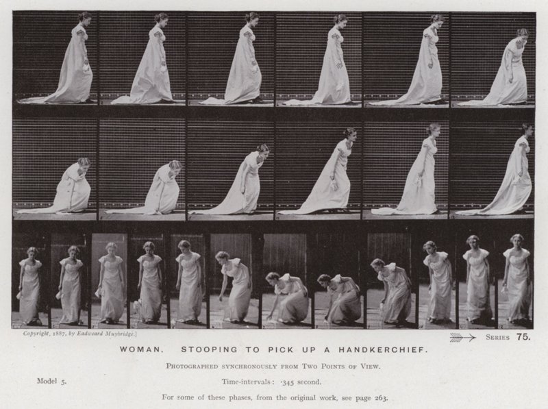 De menselijke figuur in beweging: Vrouw, bukken om een zakdoek op te rapen door Eadweard Muybridge