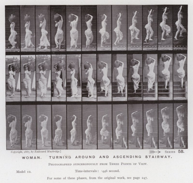 De menselijke figuur in beweging: Vrouw, draaien en trap oplopen door Eadweard Muybridge
