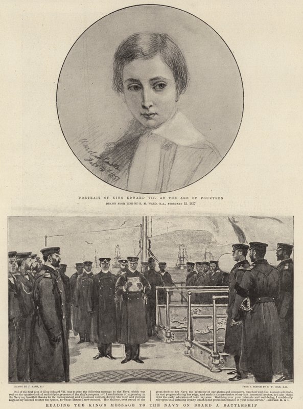 Portret van koning Edward VII op veertienjarige leeftijd, lezend de boodschap van de koning aan de marine aan boord van een slagschip door Edgar Melville Ward