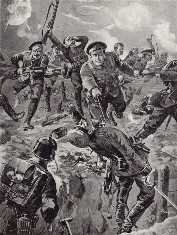 Korporaal Joseph Davies en acht mannen die met bajonetten een groep Duitsers verjagen die hen eerder hadden omsingeld, Delville Wood, Frankrijk, 20 juli 1916 door Edgar Alfred Holloway