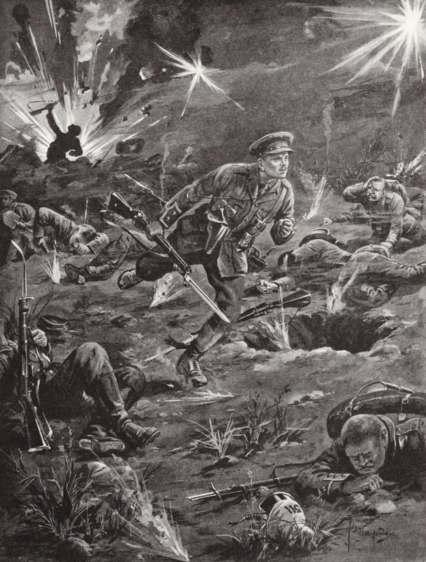 Luitenant Benjamin Geary haast zich, onder zwaar artillerievuur, naar een loopgraaf aan de rechterkant van Hill 60 om contact te maken met een officier, Ieper, België, april 1915 door Edgar Alfred Holloway