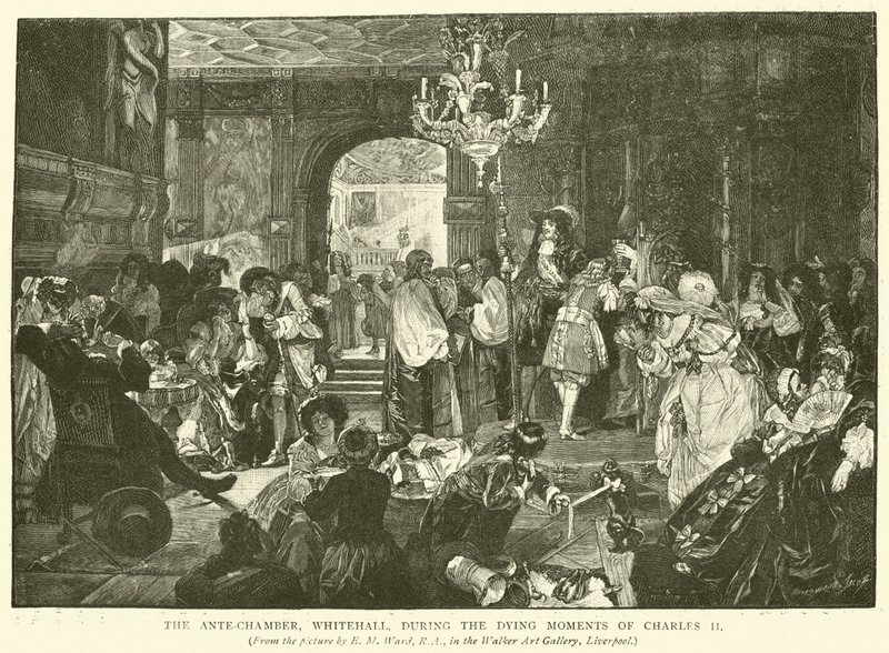 De voorzaal, Whitehall, tijdens de stervende momenten van Karel II door Edgar Melville Ward