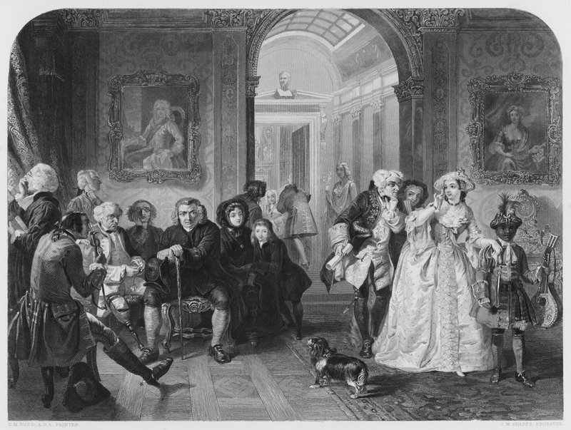 Dr. Johnson in de Voorzaal van Lord Chesterfield, naar het schilderij in de Vernon Gallery door Edgar Melville after Ward