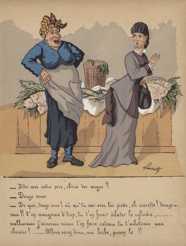 Gesprek bij een viskraam (kleur litho) door Edmond Lavrate