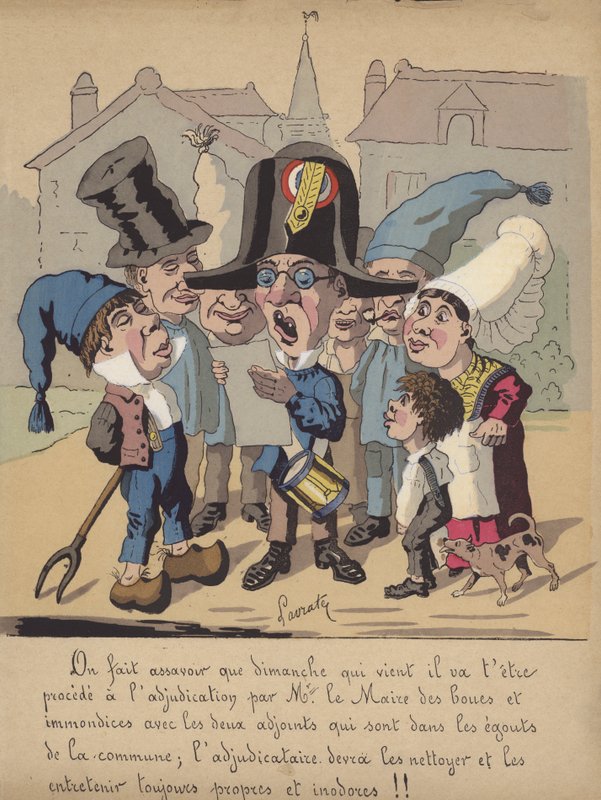 Lezing van een bericht van de burgemeester over het schoonmaken van de gemeentelijke riolen (kleur litho) door Edmond Lavrate