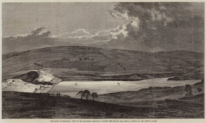 De Overstroming in Sheffield, Uitzicht op het Bradfield Reservoir, met de Gebroken Dam door Edmund Morison Wimperis
